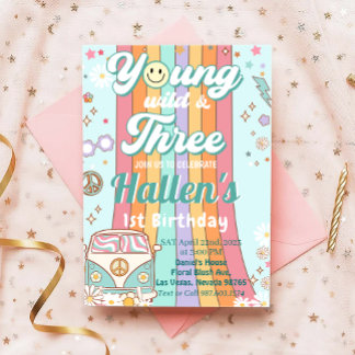 Young Wild & Three Groovy Rainbow 3. Geburtstag Einladung