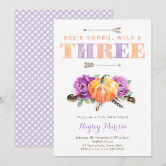 Young Wild Three Lila Pumpkin 3. Geburtstag Party Einladung