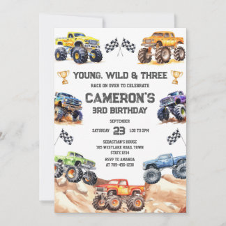 Young, Wild & Three Monster Truck Boy 3rd Birthday Einladung