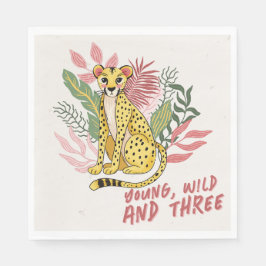 Young Wild Three Pink Cheetah Kids Birthday Party Serviette