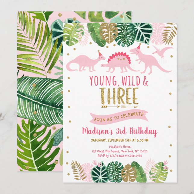 Young Wild & Three Pink Dinosaurier Geburtstag Einladung (Vorne/Hinten)
