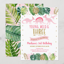 Young Wild & Three Pink Dinosaurier Geburtstag Einladung