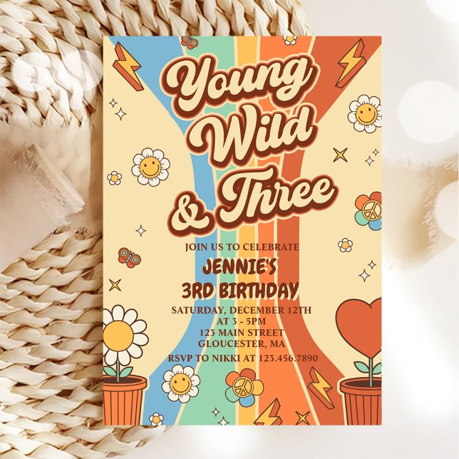 Young Wild Three Retro Rainbow 3. Geburtstag Einladung (Von Creator hochgeladen)