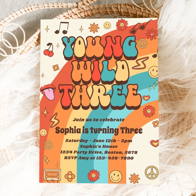 Young Wild Three Retro Rainbow 3. Geburtstag Einladung (Von Creator hochgeladen)