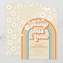 Young Wild Three Retro Rainbow Daisy Birthday Einladung