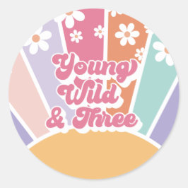 Young Wild Three Retro Sunshine Rainbow Daisy Runder Aufkleber