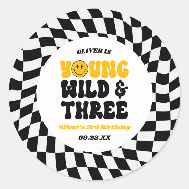 Young Wild & Three Retro Third 3rd Birthday Party Runder Aufkleber (Vorderseite)