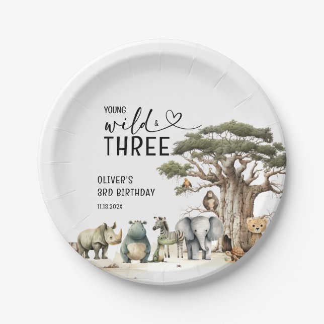 Young Wild Three Safari 3. Geburtstag Begrüßungsze Pappteller (Vorderseite)