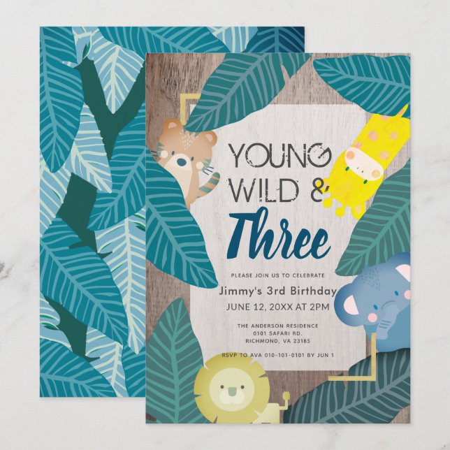 Young Wild & Three Safari Animals Boy 3. Geburtsta Einladung (Vorne/Hinten)