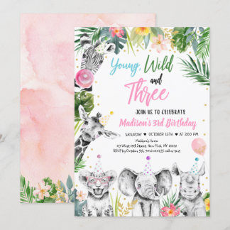 Young Wild & Three Tropical Safari Girl zum Geburt Einladung