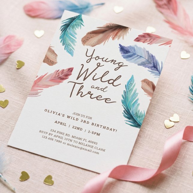 Young Wild & Three Watercolor Boho Feathers Einladung (Young Wild & Three Watercolor Boho Birthday Invitation)