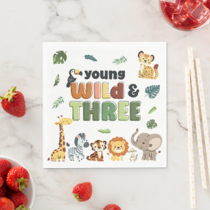Young Wild Three Zoo Safari Animal Birthday Party Serviette