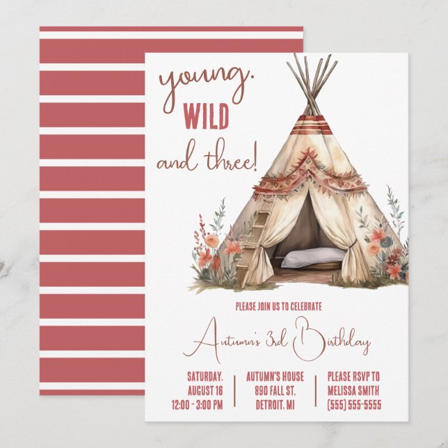 Young, Wild, und Drei! Boho TeePee Birthday Party Einladung (Vorne/Hinten)