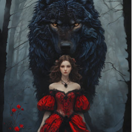 Young Woman In Red Gown With Black Wolf Guardian Seidenpapier