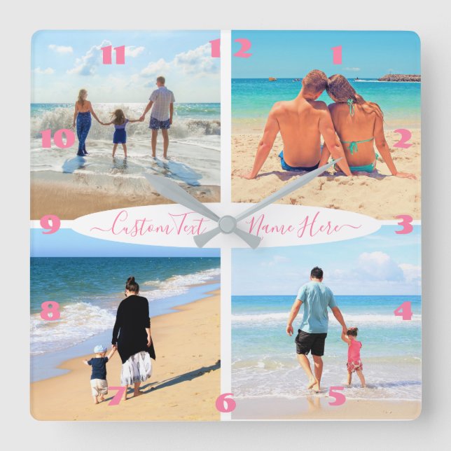 Your 4 Photo Collage Text Name Family Personalized Quadratische Wanduhr (Vorderseite)