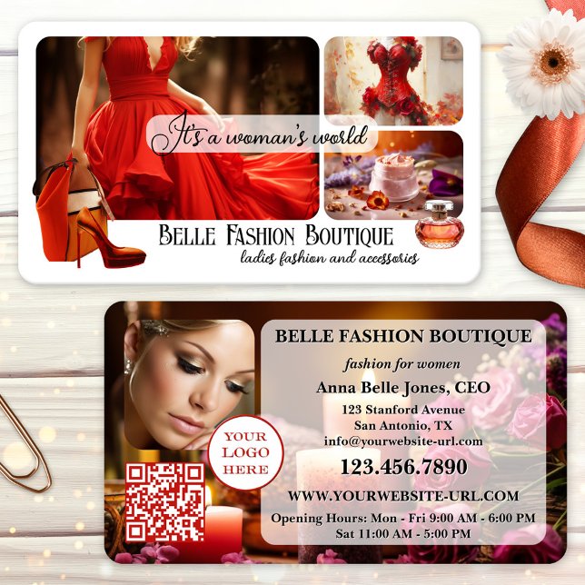Your Design Women's Fashion Retail Visitenkarte (Women's fashion beauty or boutique business card featuring a collage of your own custom photos)