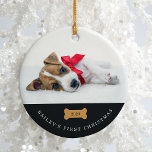 Your Dog's First Christmas | Charcoal with Photos Keramik Ornament<br><div class="desc">This adorable holiday ornament says the name of your dog,  and that it's their first Christmas! You can add the year in the center of the cute dog bone,  and add your puppy's photo to the front and another on the back.</div>