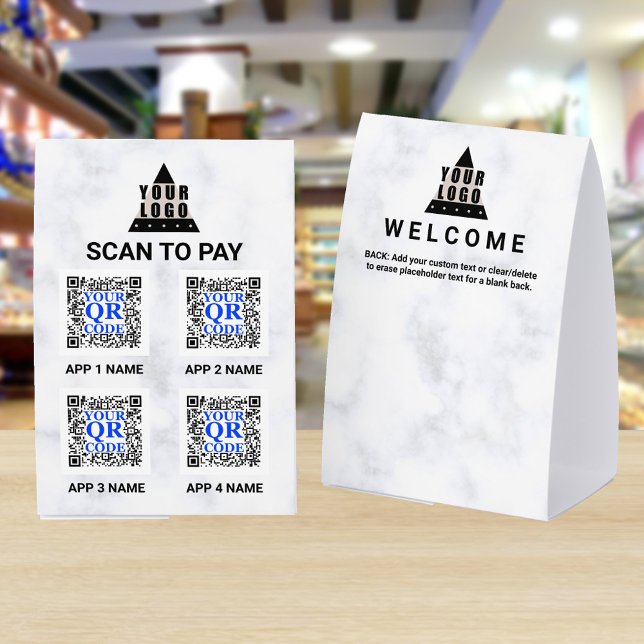 Your Logo Marble 4x6 QR Code 4 Apps Scan To Pay Tischaufsteller (These marble look Scan To Pay QR code 4 x 6 paper table tents are easy to personalize)
