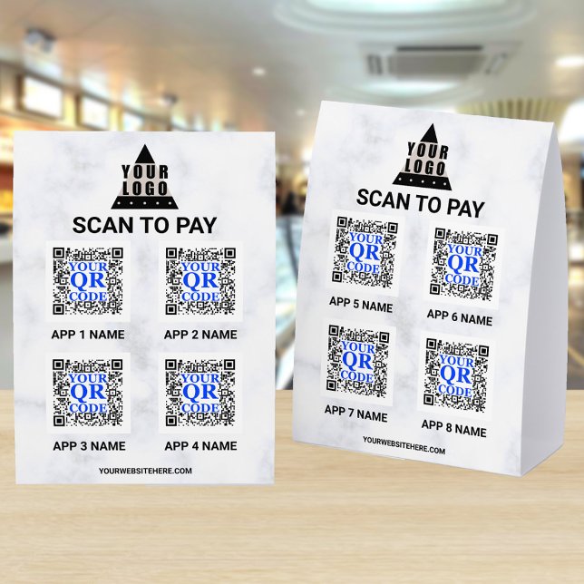 Your Logo Marble 5x7 QR Code 8 Apps Scan To Pay Tischaufsteller (Add up to 8 apps QR codes to your 5 x 7 paper table tents and give more scan to pay choices)