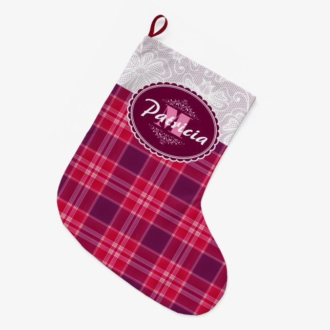 YOUR MONOGRAM ON LACE & PINK TARTAN PLAID PATTERN GROßER WEIHNACHTSSTRUMPF (Vorderansicht (hängend))