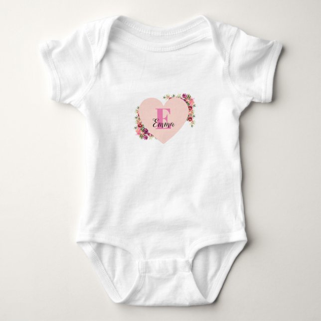 YOUR NAME/TEXT/ Pink Floral Monogram Bodysuit Baby Strampler (Vorderseite)