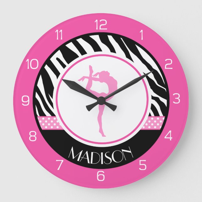 Your Name Zebra Print Gymnastics with Pink Details Große Wanduhr (Vorderseite)