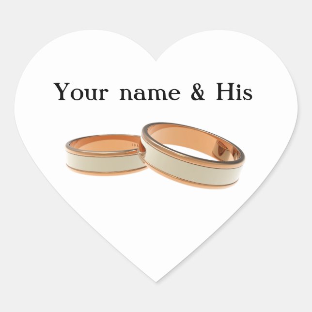 Your Names and Two Wedding Rings Heart Sticker (Vorderseite)