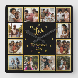 Your Own 12 Photo Collage Love Gold Black Quadratische Wanduhr