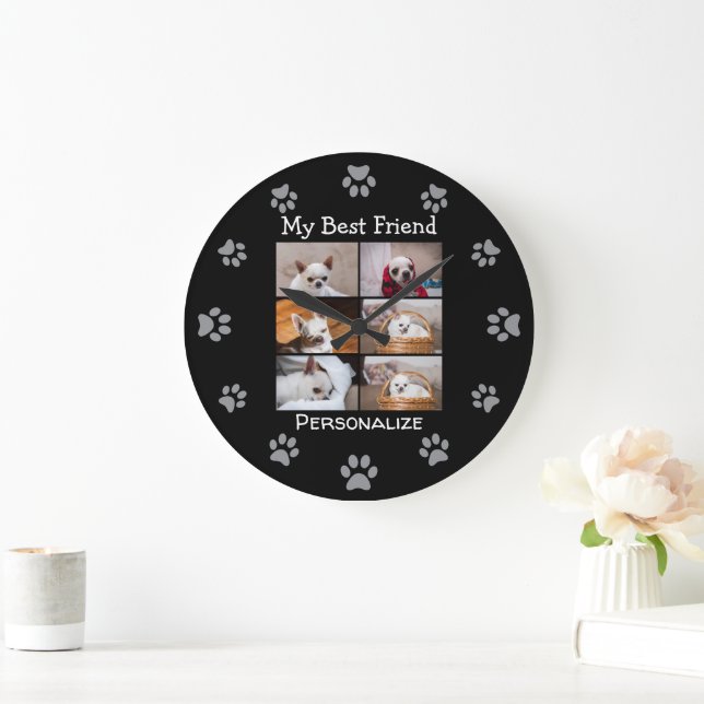 Your pet dog custom photo collage best friend name große wanduhr (Zuhause)