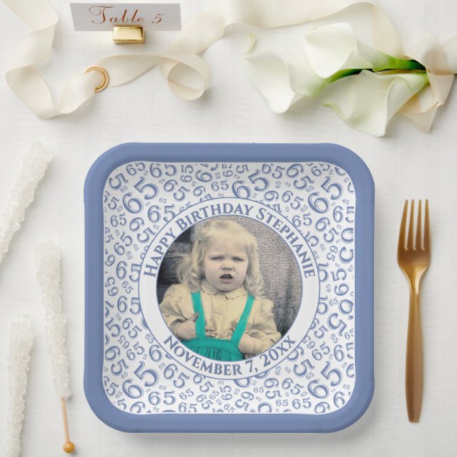 Your Photo 65 Random Number Pattern Blue/White  Pappteller (Hochzeit)