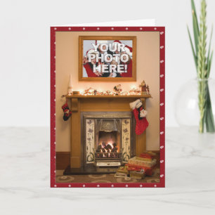 Your Photo- Elegant Christmas stocking & Fireplace Feiertagskarte