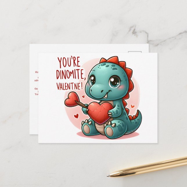 Youre Dinomite Valentine Niedlich Dinosaurier Lieb Postkarte (Vorderseite/Rückseite Beispiel)