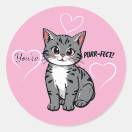 You're Purr-fect Animated Cat and Hearts Pink Runder Aufkleber