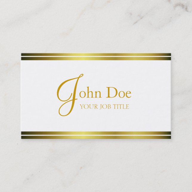 YourJobTitle elegantes Weiß/Goldstreifen Visitenkarte (Vorderseite)