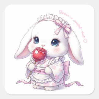 Yukata Bunny with Apple Candy - Pink Pastel Ribbon Quadratischer Aufkleber