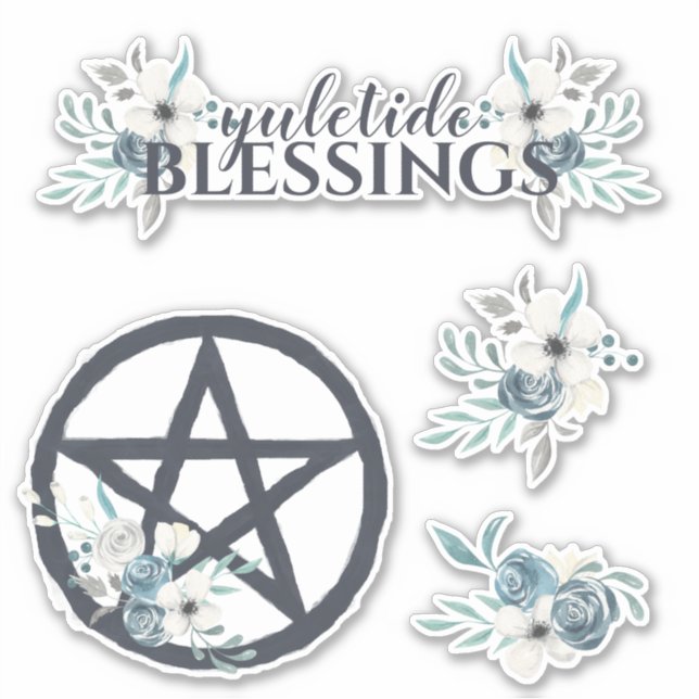 Yuletide Blessings Blue Winter Floral Weihnachten Aufkleber (Vorderseite)