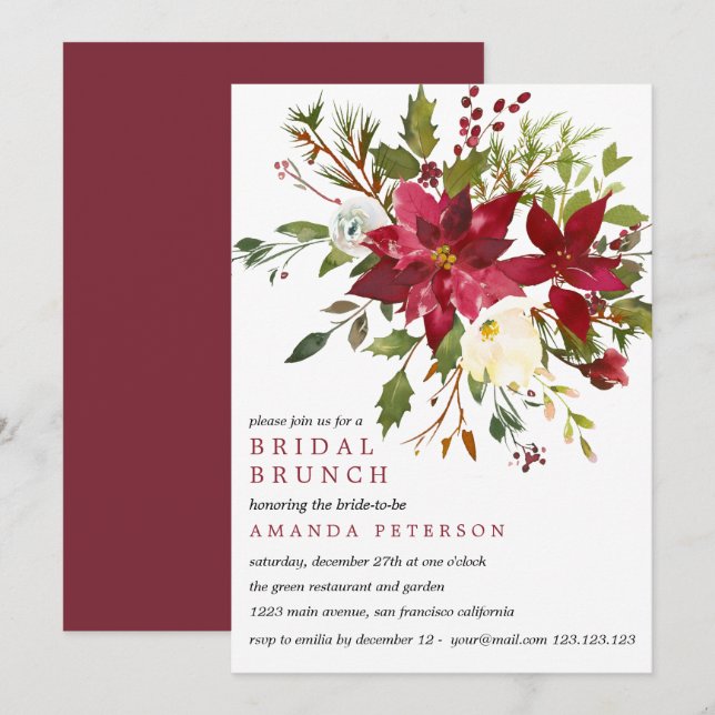 Yuletide| Poinsettia Bouquet Wedding Bridal Brunch Einladung (Vorne/Hinten)