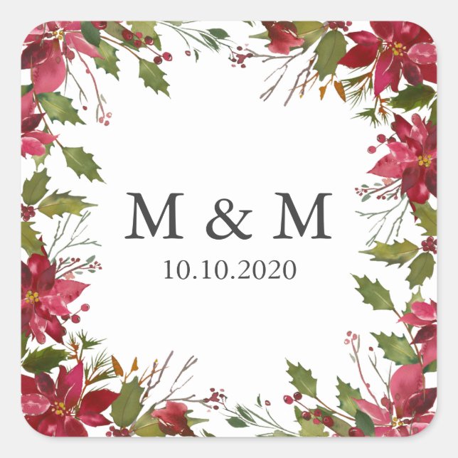 Yuletide | Poinsettia Wedding Monogram Quadratischer Aufkleber (Vorderseite)