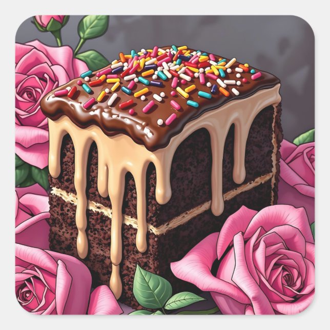Yummy Chocolate Birthday Cake with Sprinkles Quadratischer Aufkleber (Vorderseite)