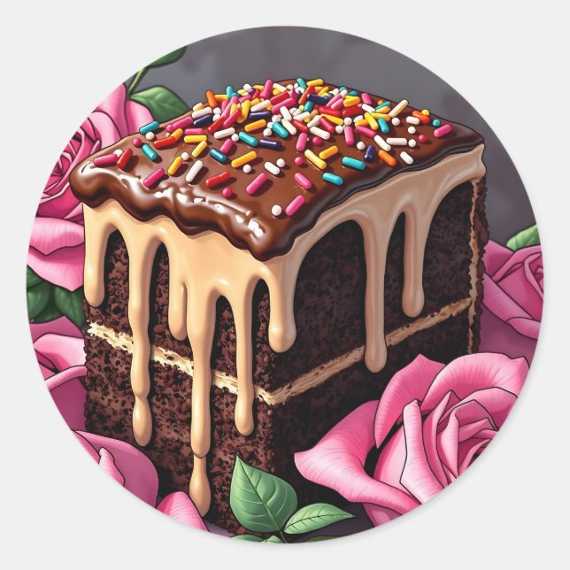 Yummy Chocolate Birthday Cake with Sprinkles Runder Aufkleber (Vorderseite)