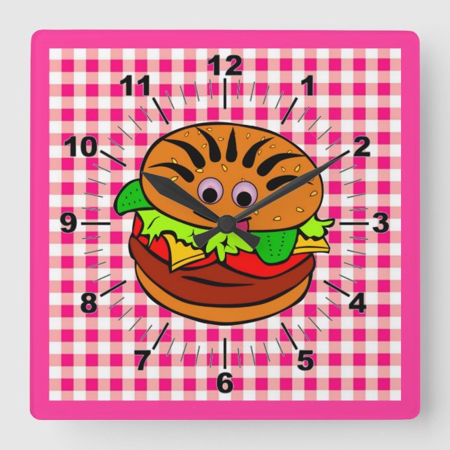 Yummy Hamburger Wall Clock Quadratische Wanduhr (Vorderseite)