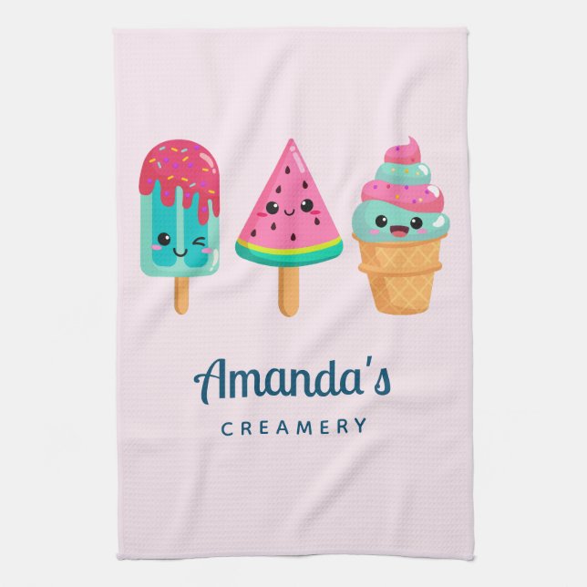 Yummy Ice Cream Trio Summer Vibe Creamery Business Geschirrtuch (Vertikal)