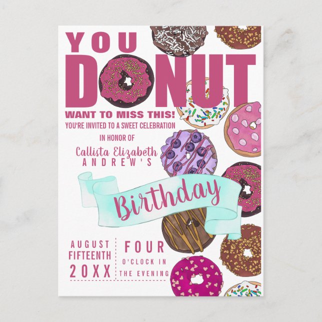 Yummy Niedlich Pink Aquamarin Donuts Wasserfarbe G Einladungspostkarte (Vorderseite)