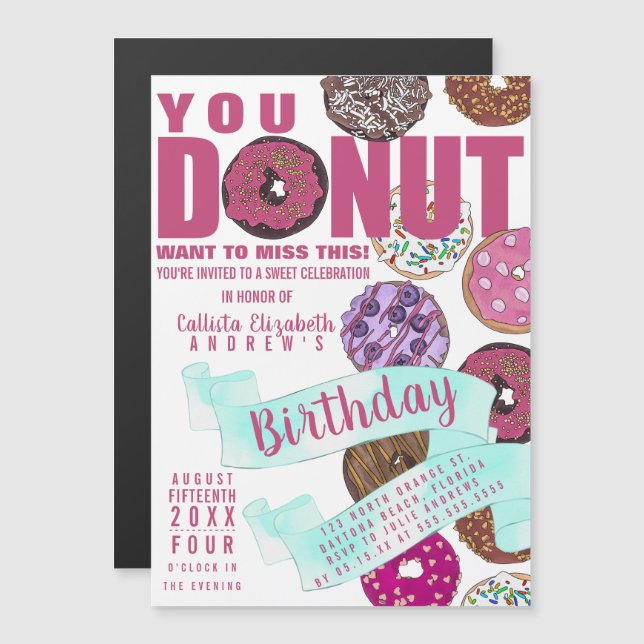 Yummy Niedlich Pink Aquamarin Donuts Wasserfarbe G Magneteinladung (Vorne/Hinten)