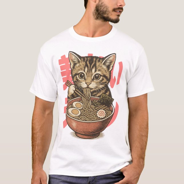 Yummy Ramen Kitten White T-Shirt (Vorderseite)