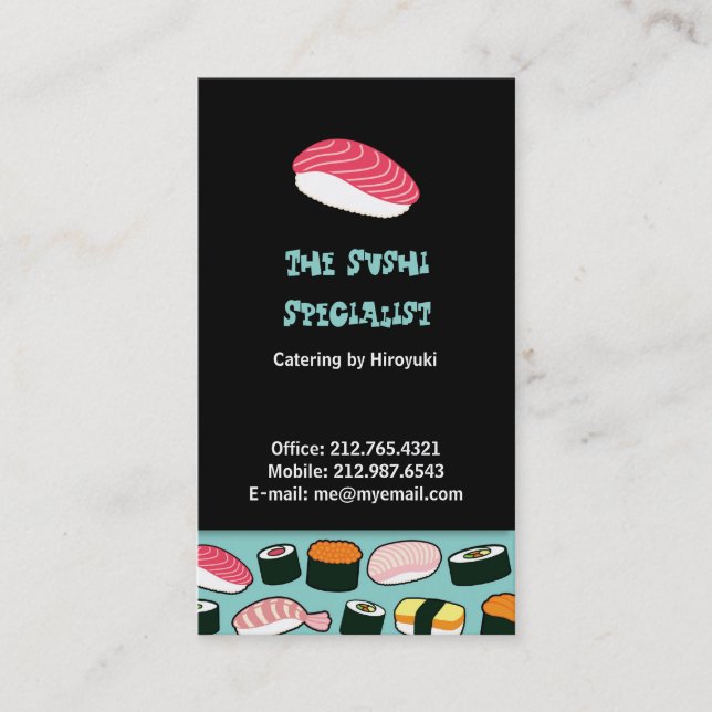 Yummy Sushi Fun Illustriertes Muster Visitenkarte (Vorderseite)