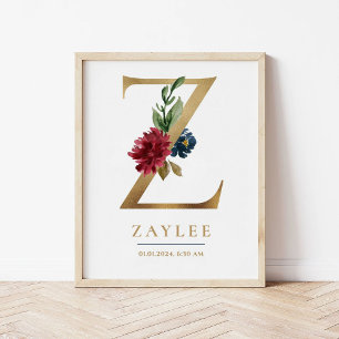 Z Letter Monogram Name Marsala Floral Kinderzimmer Poster