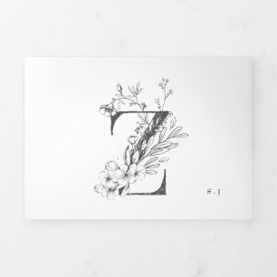 'Z' Monogram Schöne gezeichnete Blumenhochzeit Dreifach Gefaltete Einladung