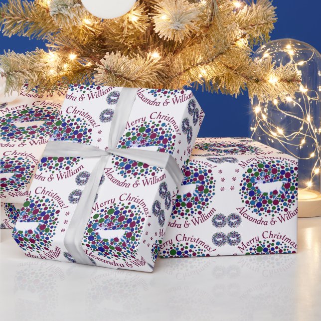 Z White Reindeer Caribbean Polka Dot Weihnachtsnam Geschenkpapier (Feiertage)