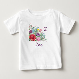 Z Zoe Personalisieren Initialname, Rose-Blume Baby T-shirt